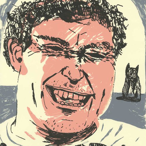 Screen print of a smiling man with black cat in the background.