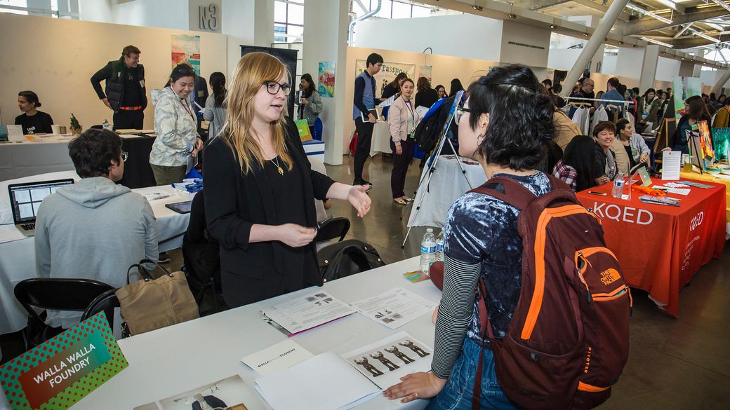 Student and recruiter at the career fair, 2017