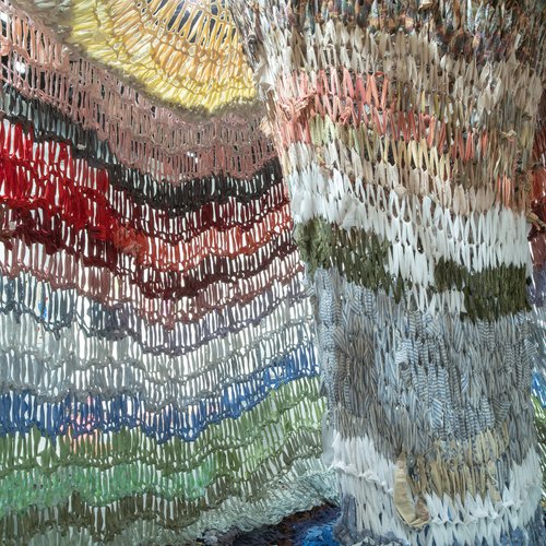 Interior of "I Will Knit Us a Sanctuary" by Kloe Chan at the Oliver Art Center, April 2019.