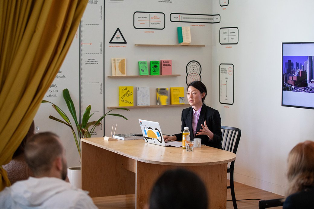 SFMOMA Assistant Curator of Painting and Sculpture Nancy Lim lectures at the Curatorial Research Bureau in 2019.