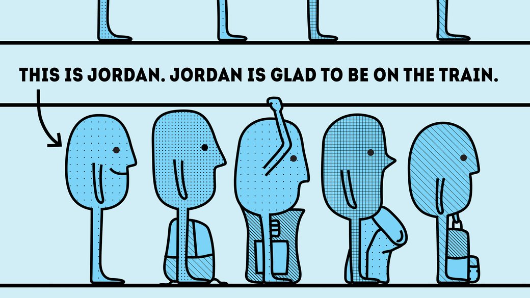 Illustrated Bart poster of people on Bart Train. Row of people on top have their backpacks on. Row of people on bottom do not have backpacks on and the text next to an individual says: "This is Jordan. Jordan is Glad to be on the Train"