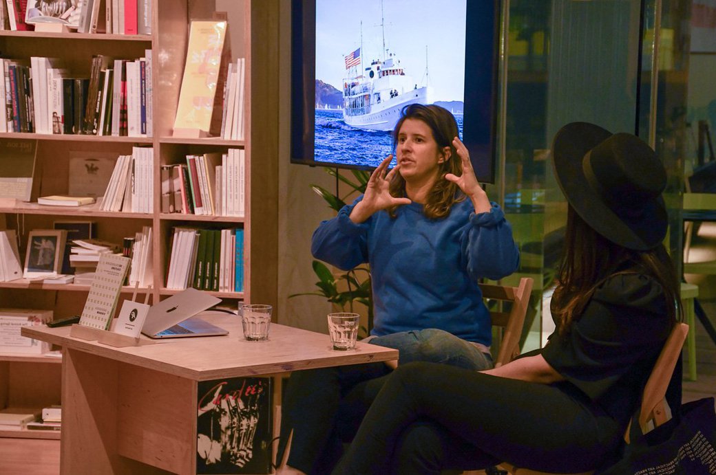 Artist Constance Hockaday in conversation with writer Laurel Braitman during an Art Practical program at the Curatorial Research Bureau.