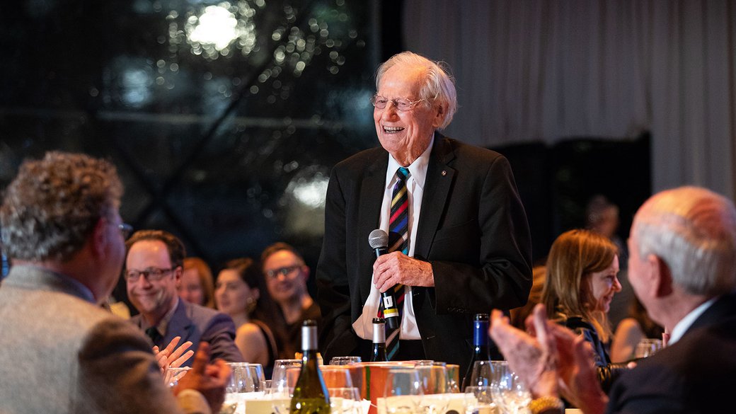Guest of honor Wayne Thiebaud giving impromptu remarks at CCA People's Party on March 25, 2019.