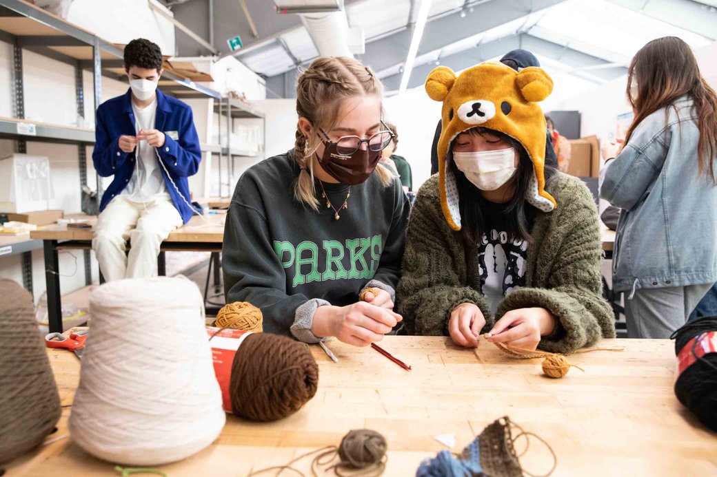 First year students making artwork in the studio.