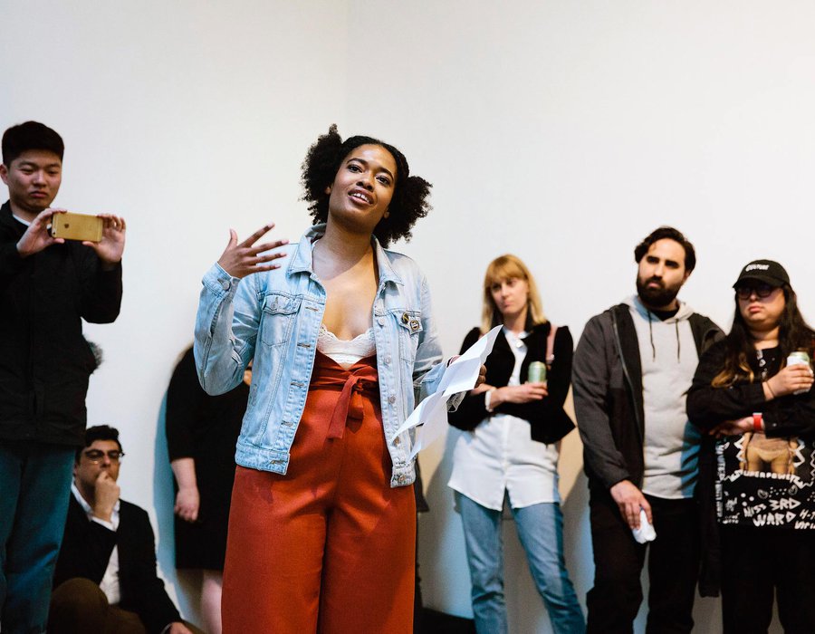 DeShara Darshell performs her poetry at the Wattis Institute during the 'Black Light' exhibition