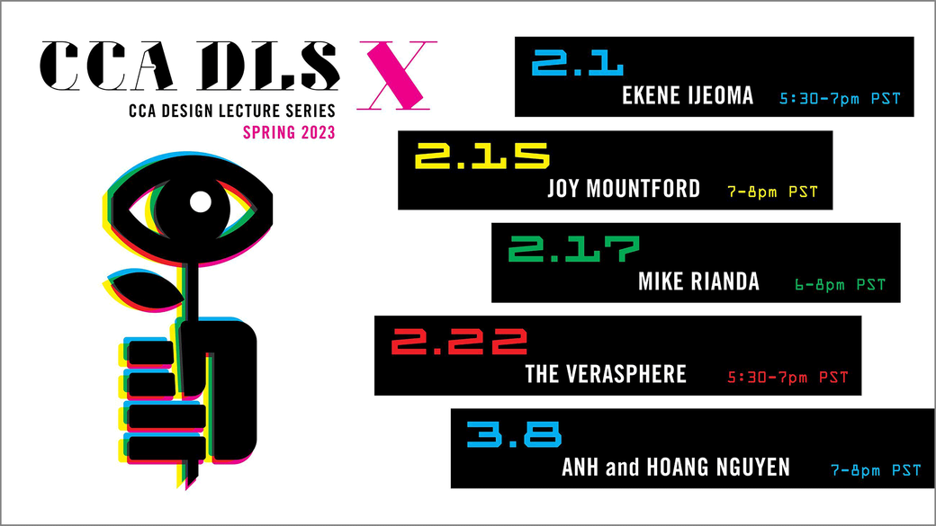 Design Lecture Series promotional graphic listing events with a hand gripping the stem of a flower, the bud of which resembles an eye.