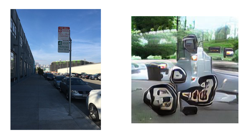Side-by-side images of MFA Design student Jason Malik’s photograph labeled “a car is parked on the side of the street” and a dataset’s visual response to its label.