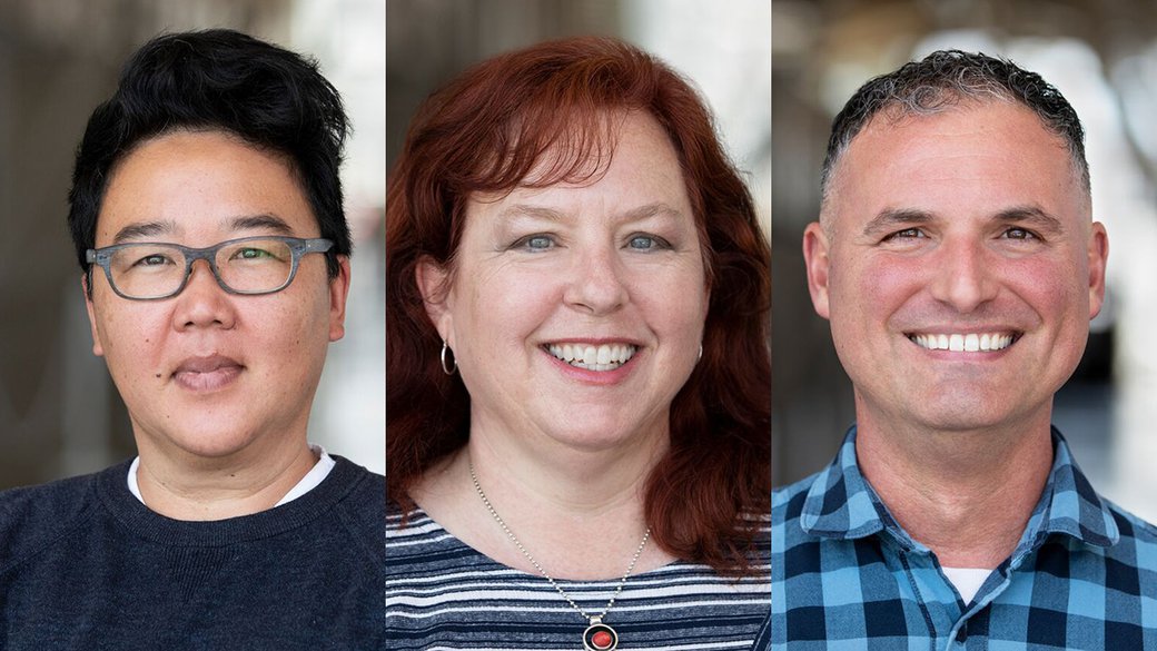Three separate portraits of Design Chairs Katherine Lam, Erin Malone, and Gregory Climer.