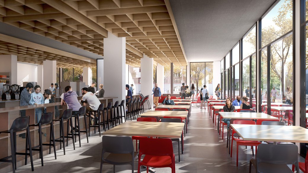 Architectural rendering or illustration of the cafe located on the ground floor of Founders Hall. Rendering courtesy NYAR.