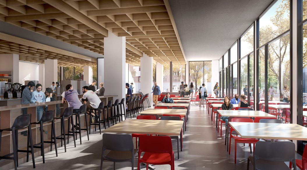 Architectural rendering or illustration of the cafe located on the ground floor of Founders Hall. Rendering courtesy NYAR.