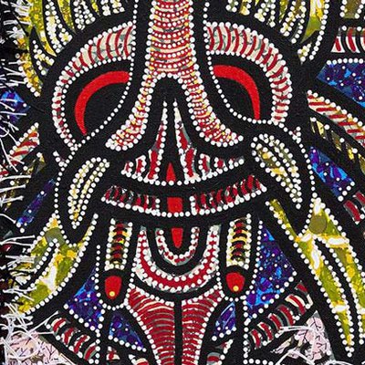 Franklin Williams, Slovakian Mask, 2018, acrylic and ink on canvas, crochet thread, fabric and glue, 102 × 76 cm. Courtesy of the artist and Parker Gallery, Los Angeles.