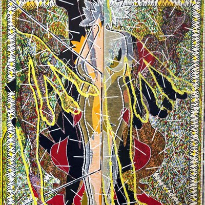 Franklin Williams, “Bodiless and More than a Man” (1975), acrylic and crochet thread on paper mounted to canvas, 67 x 60 inches.