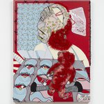 Franklin Williams, Teddy Looking for Professor Emeritus, 2019, acrylic and collage on canvas, yarn, crochet thread, beads, handkerchief, 40 x 30".