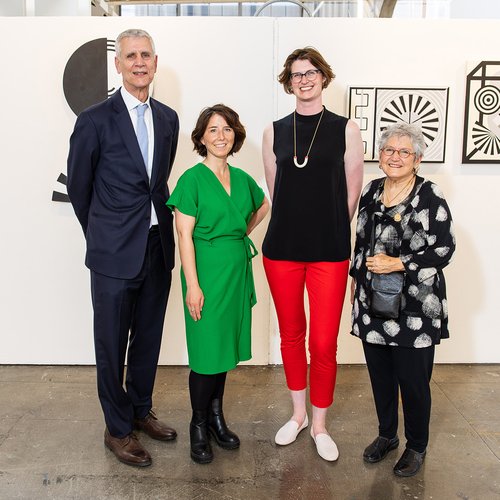 CCA President Stephen Beal with exhibiting alumni artists Sarah Thibault (MFA Painting & Drawing 2011), Sarah Hotchkiss (MFA Painting & Drawing 2011), and M. Louise Stanley (BFA Painting 1967, MFA Painting 1969).