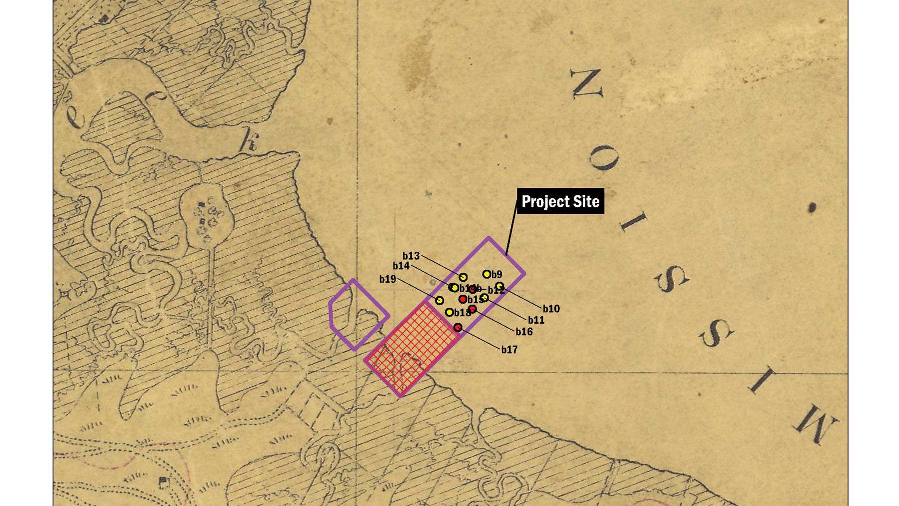 A landscape map from 1853 overlaid with information about the Double Ground project.