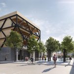 The ground-level entrance to the expanded Double Ground campus is near student housing at Founders Hall on Hooper Street.