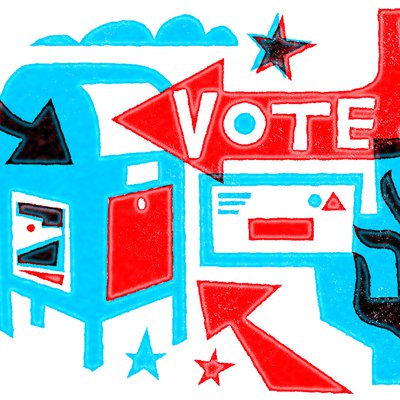 A red, white, and blue illustration of a hand delivering a mail-in ballot