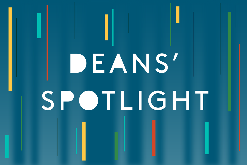 A dark blue graphic that reads Deans’ Spotlight with multicolored vertical stripes of different widths.