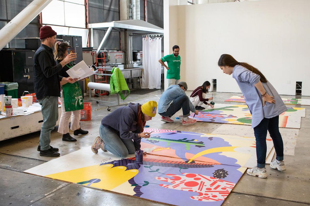 Critical studies students working on their YBCA mural panels.
