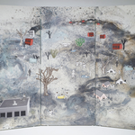 A mostly gray landscape painting on a tri-fold screen. Red buildings and a dead tree appear in the painting.