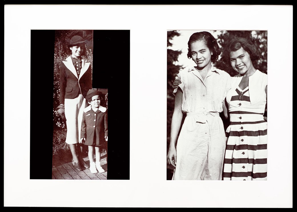 Lorraine O’Grady, Miscegenated Family Album (Ceremonial Occasions II), L: Devonia attending a wedding; R: Nefertiti performing an Aten ritual, 1980/1994.