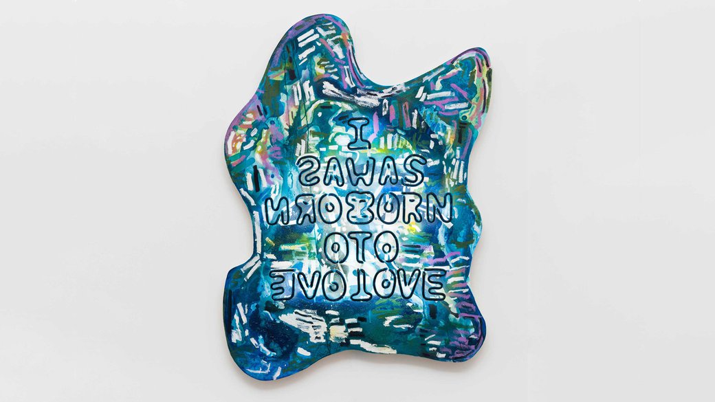 Photo of Alexandra Grant’s I was born to love (2) painting, created with neon and acrylic and oil paint on shaped wood.