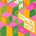 A colorful graphic with the stylized diagonal text CCA MFA in Comics 2023.