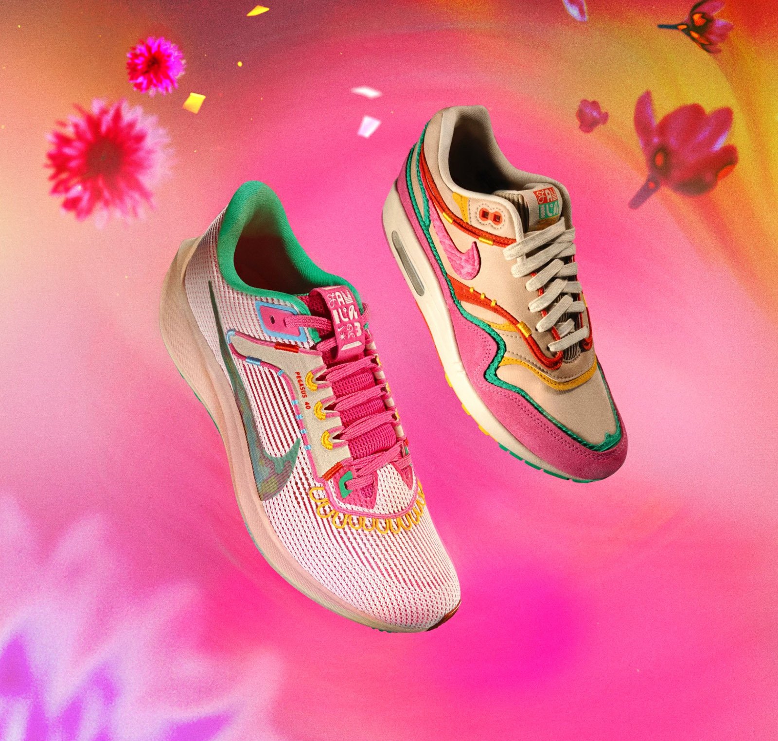 A pair of shoes with bright pink, purple, and yellow colors float amid a flowery background.
