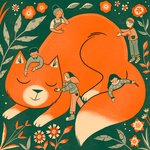 An illustration of a gigantic yet cuddly orange cat surrounded by people giving it pets.