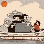 An illustration of a small flock of sheep sitting in a boat with a woman at the bow smiling and rowing.
