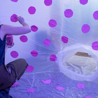 Liz Hafey adds pink polka dots to her work Seeing Spots (2020).