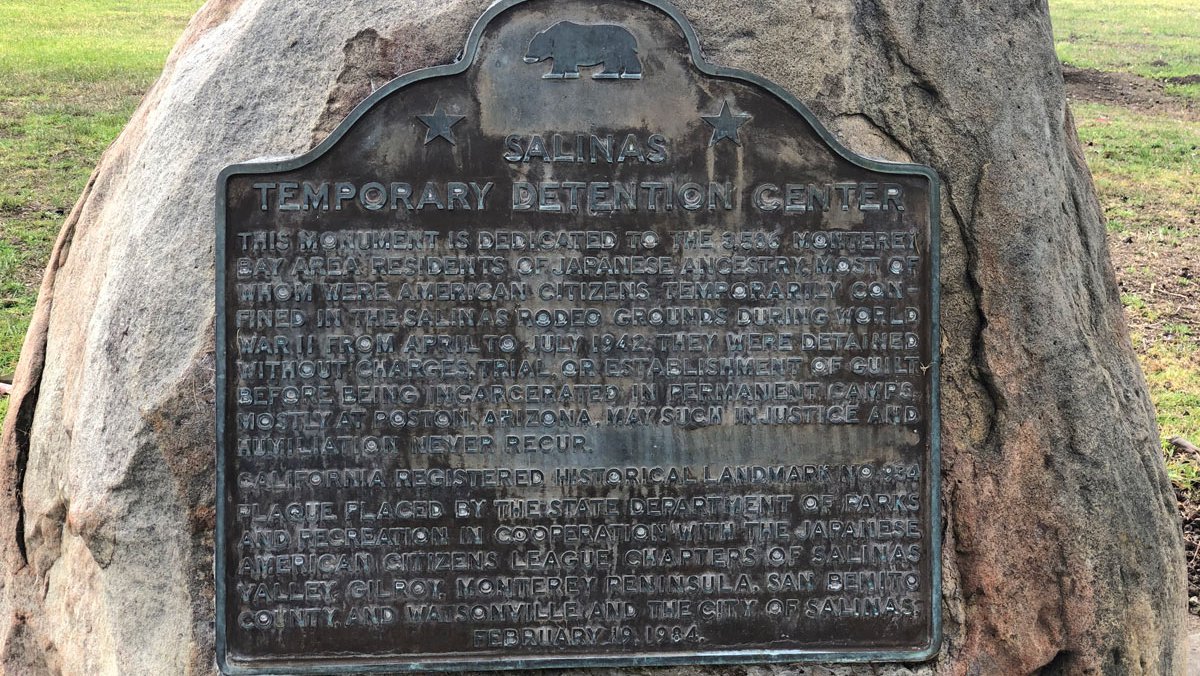 Sign designating the Salinas Sports Complex for rodeos as a former Japanese incarceration camp during World War II