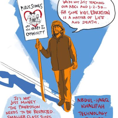 Illustration by Thi Bui of Abdul-Haqq Khalifa, a technology tearcher from Garfiled Elementary, who joined the 2019 Oakland teachers' strike.