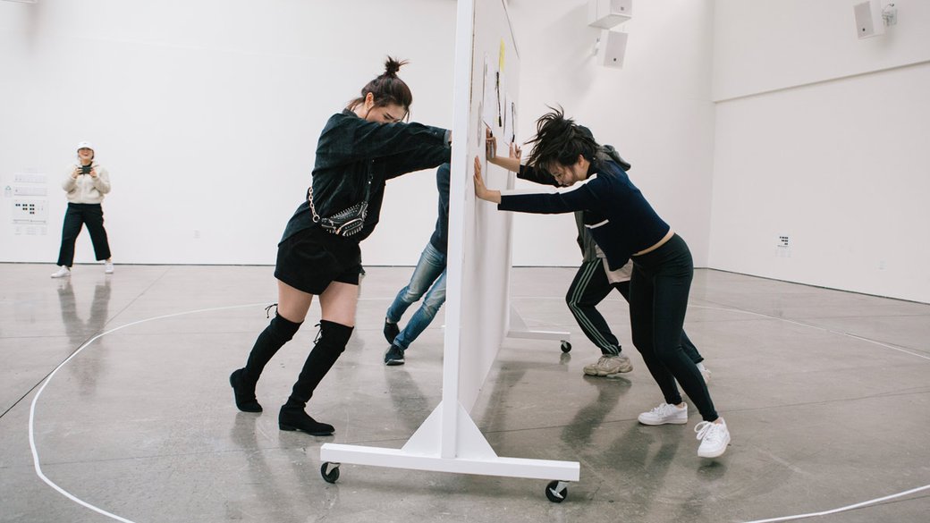 Students play conceptual art games in Glen Halfand's "P.E." UDIST class