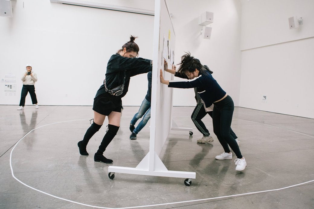 Students play conceptual art games in Glen Halfand's "P.E." UDIST class.