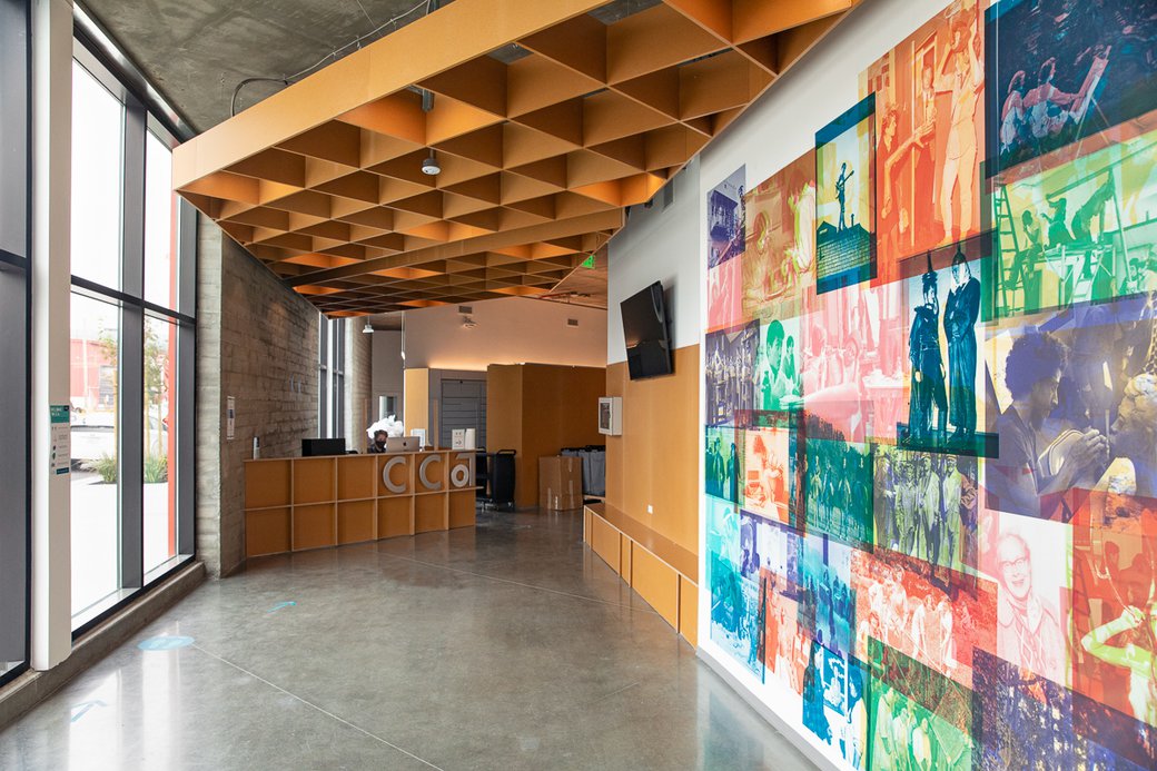 The Founders Hall lobby features a mural tracing CCA's century-long history.