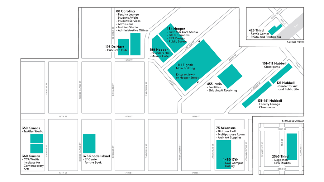 Map illustrating location of buildings, shops, studios, and galleries on CCA's campus.