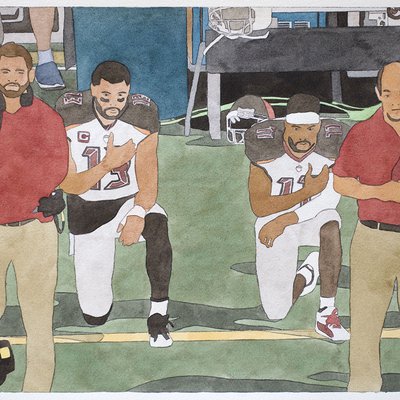 National Anthem (Tampa Bay Buccaneers), 2019. Watercolor on paper, 10.5 x 19 inches, edition variée of three. Courtesy of the artist and Haines Gallery.