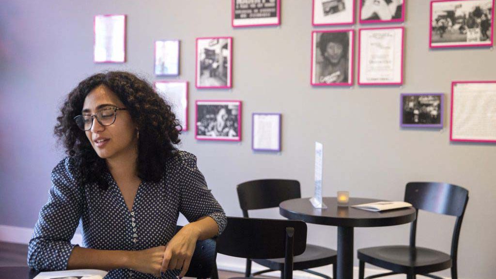 Yomna Osman, the curator of “To Know Herself,” is seen at the Wattis Institute.