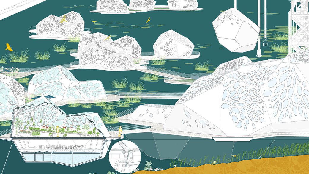 Rendering of Pollinator Power Hub by Roxana Yaquelin Breceda and Javier Breceda from the "Buoyant Ecologies: Urban Ecotones at Islais Creek integrated studio, 2020.