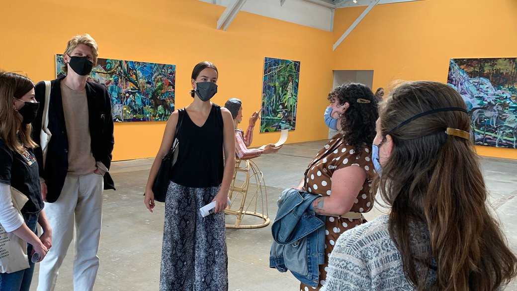 A group of people at the opening of “Maia Cruz Palileo: Long Kwento.”