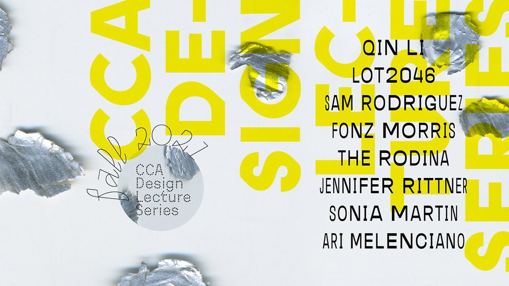 Black and white graphic with yellow lettering CCA Design Lecture Series.