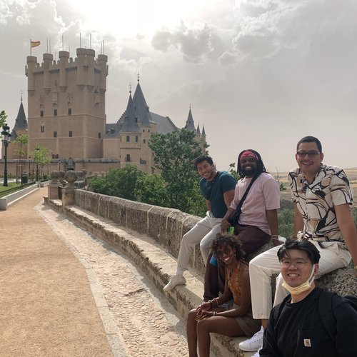 Students enjoying the gardens of the twelfth-century Alcázar in Segovia, Spain, now a UNESCO world heritage site.