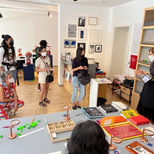 Students talk to Jae Kyung Kim in her Berlin project space Einbuch Haus, along with April Gertler, a Berlin-based artist and CCA alum.