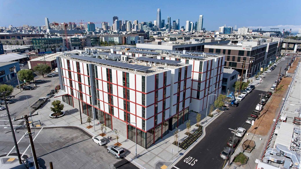 Drone view of Founders Hall on the CCA campus in San Francisco.