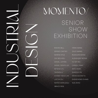 Promotional graphic for BFA Industrial Design's Memento Senior Show Exhibition.